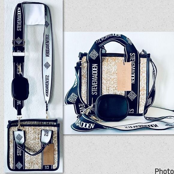 NWT Steve Madden Gorgeous BWEBBER Black Tan Straw Wicker Crossbody bag & Pouch - Picture 1 of 16